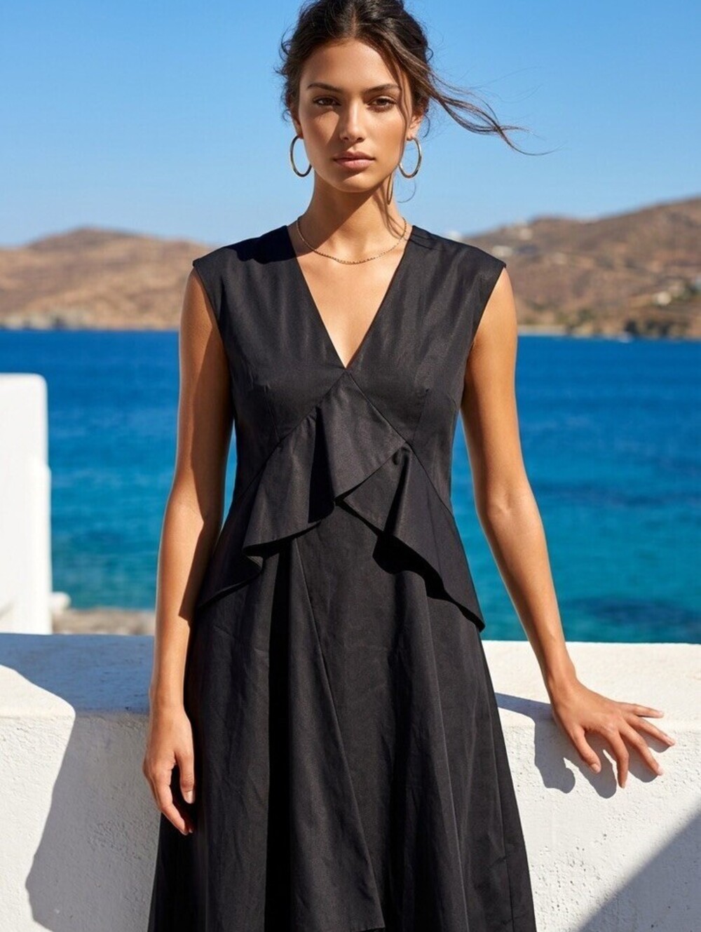 COS Black Cotton Asymmetric Dress Ruffled Front Size EUR44 / L
